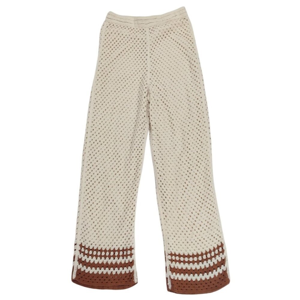 Women's wide leg crochet pants with contrast hem, bohemian style, size S.